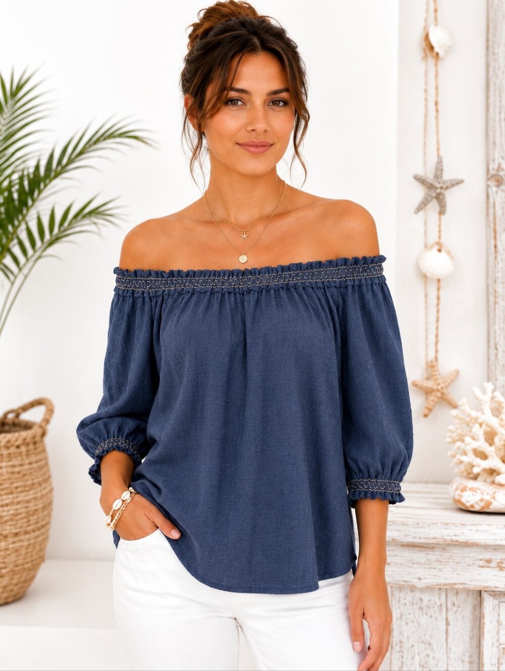 MAX STUDIO | Blue Off Shoulder Peasant Blouse | Size Small | Romantic Top - Picture 3 of 8